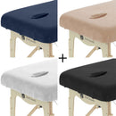 B-Ware Set Frottee Spannbettlaken Massageliege mit Ausschnitt Weiß + Hellbraun + Schokobraun + Hellblau